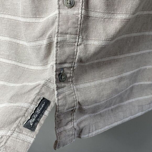 EDDIE BAUER Shirt Mens XL Linen Cotton Button-Up Tan Striped Classic Fit - Picture 3 of 7